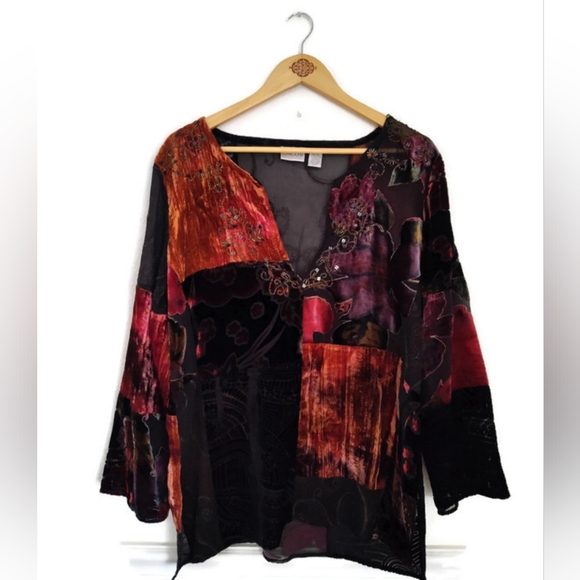 Chico's Tops - Chicos Velvet Boho Whimsy Goth Patchwork Beaded Top Size 2= Large